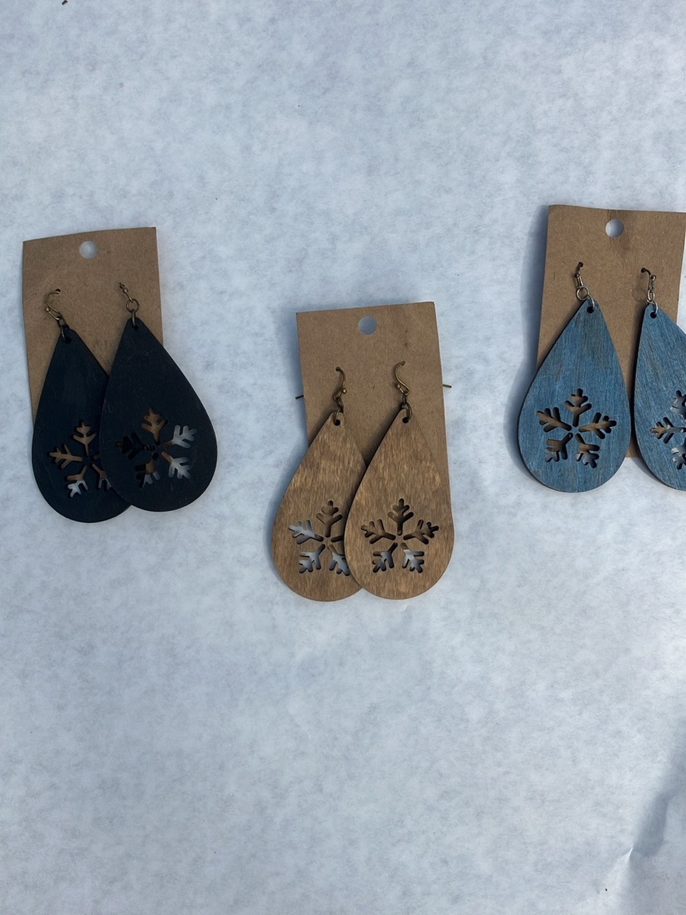 Wooden Snowflake Teardrop Earrings - Black, Natural, Blue
